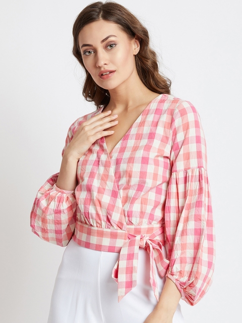

COVER STORY Women Pink Checked Wrap Top