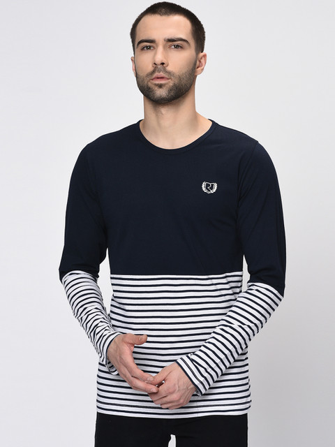 

Rigo Men Blue & White Striped Round Neck T-shirt