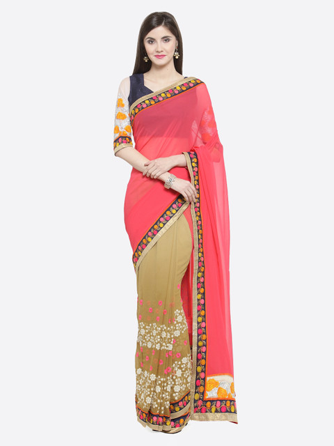 

Shaily Pink & Beige Pure Georgette Embroidered Half & Half Saree