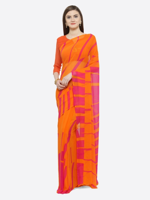 

Shaily Orange & Pink Pure Georgette Striped Saree