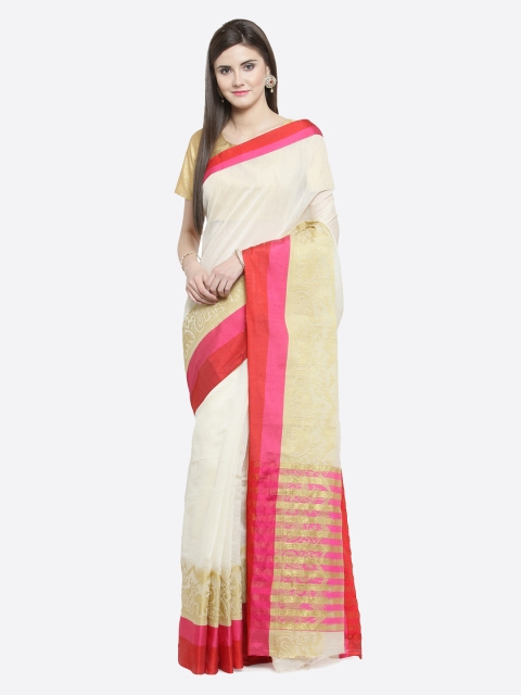 

Shaily Cream-Coloured & Pink Woven Design Kanjeevaram Saree