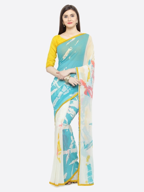 

Shaily Turquoise Blue & White Pure Georgette Printed Saree