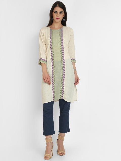 

Heart of Gold Women Off-White & Green Colourblocked Straight Kurta