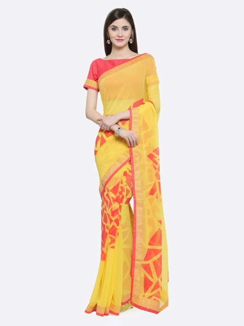 

Shaily Yellow & Pink Pure Georgette Printed Saree