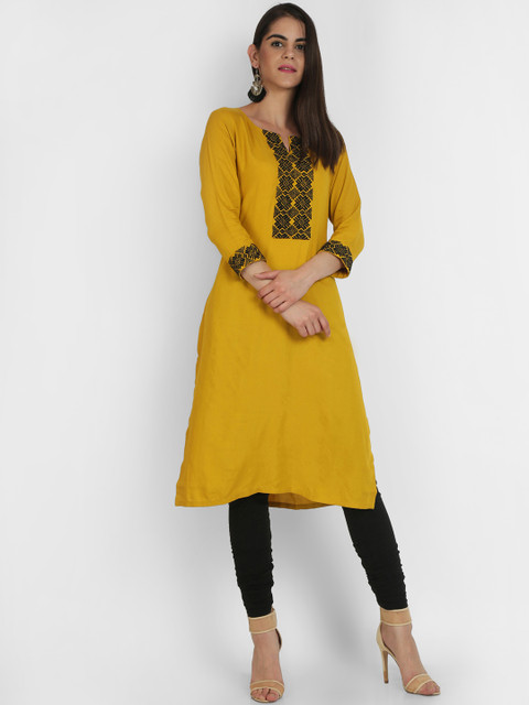 

Heart of Gold Women Yellow Embroidered Straight Kurta, Mustard