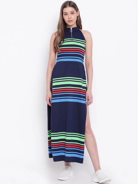 

Texco Women Navy Blue Striped Maxi Pure Cotton Top