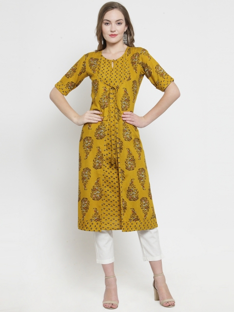 

Indibelle Women Mustard Yellow Floral Printed Layered Kurta with Trousers