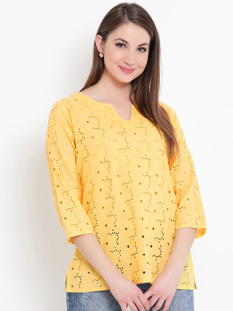 

FABNEST Women Yellow Self Design A-Line Top