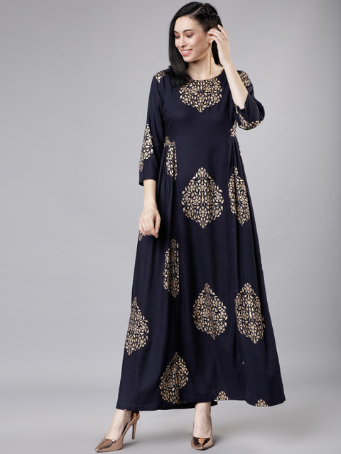 

Vishudh Women Navy Blue & Brown Printed Maxi Dress