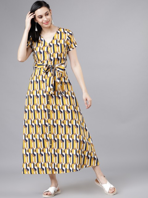 

Tokyo Talkies Women Mustard Yellow & Navy Blue Printed A-Line Dress