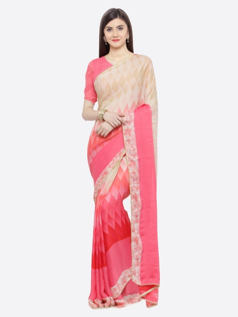 

Shaily Pink & Beige Satin Printed Saree