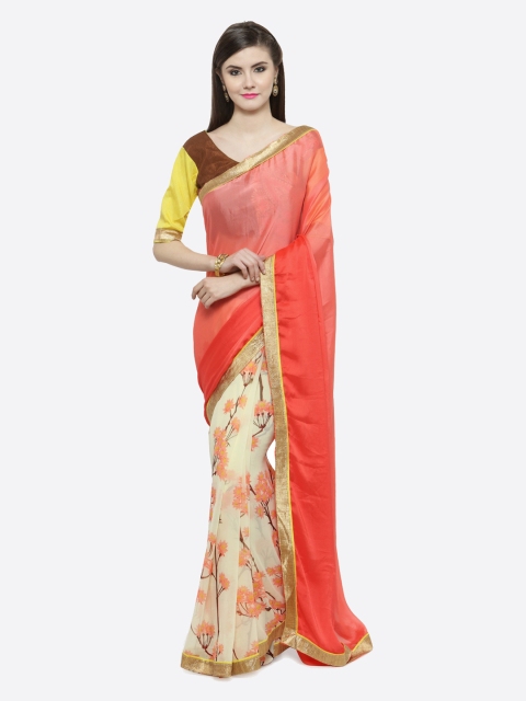 

Shaily Peach-Coloured & Cream-Coloured Pure Georgette Printed Saree