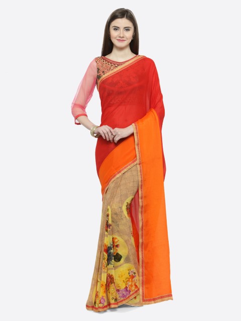 

Shaily Red & Beige Pure Georgette Printed Saree