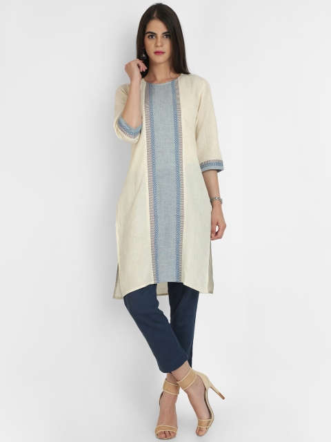 

Heart of Gold Women Off-White & Blue Colourblocked Straight Kurta
