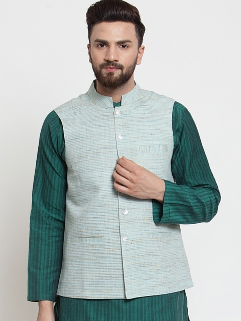 

NEUDIS Men Green Woven Design Regular-Fit Pure Cotton Nehru Jacket