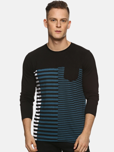 

Campus Sutra Men Black & Blue Striped Round Neck T-shirt