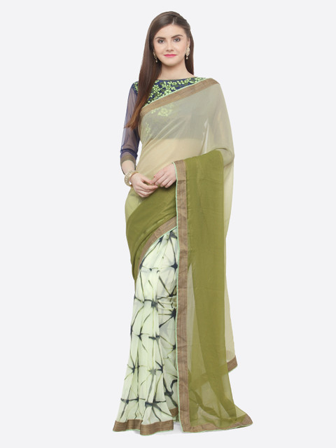 

Shaily Green & Cream-Coloured Pure Georgette Printed Saree