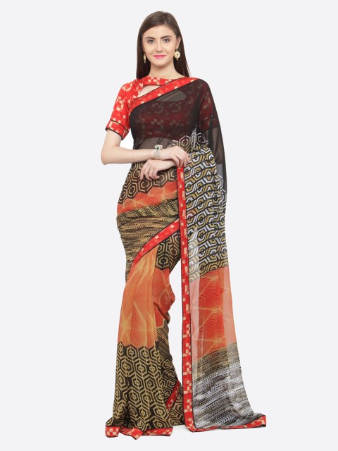 

Shaily Black & Orange Pure Georgette Printed Saree