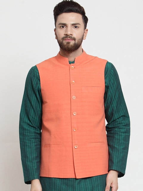 

NEUDIS Men Orange Woven Design Regular-Fit Nehru Jacket