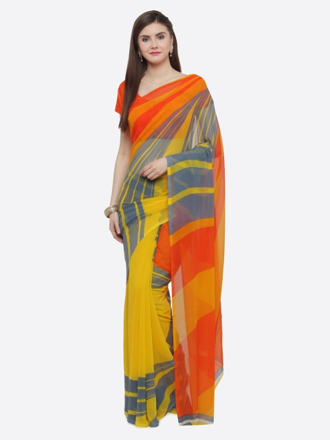

Shaily Yellow & Orange Pure Georgette Striped Saree