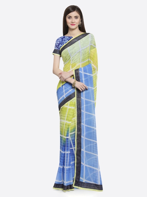 

Shaily Yellow & Blue Pure Georgette Checked Saree