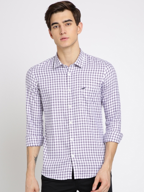 

Crocodile Men Purple & White Twill Weave Slim Fit Checked Casual Shirt