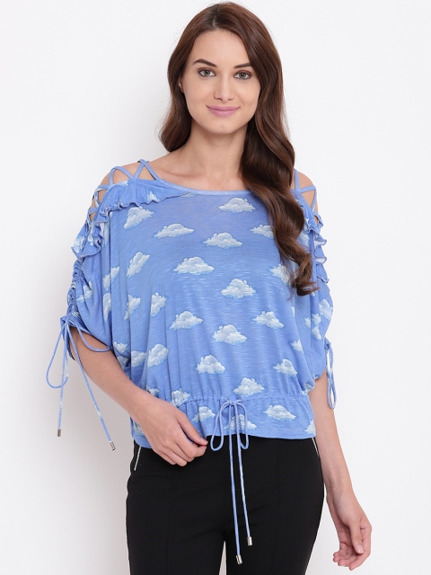 

Texco Women Blue & White Printed Cinched Waist Top