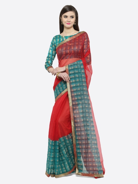 

Shaily Red & Green Cotton Blend Solid Saree