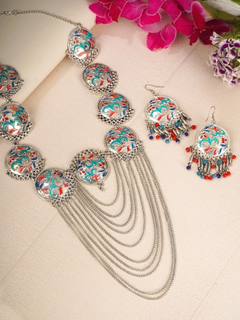 

Crunchy Fashion Women Silver-Plated & Blue Oxidized Jewellery Set