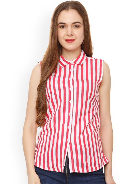 

People Women Red & White Regular Fit Striped Casual Shirt