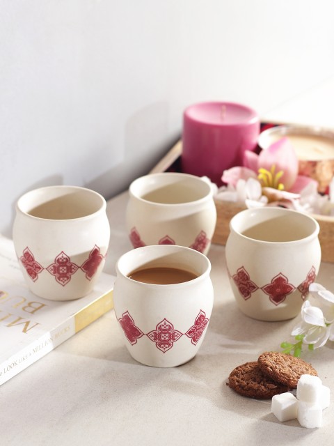 

India Circus by Krsnaa Mehta Set of 4 Cream-Coloured Printed Kulhads
