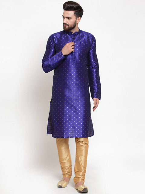 

Jompers Men Blue & Gold-Coloured Self Design Kurta with Churidar