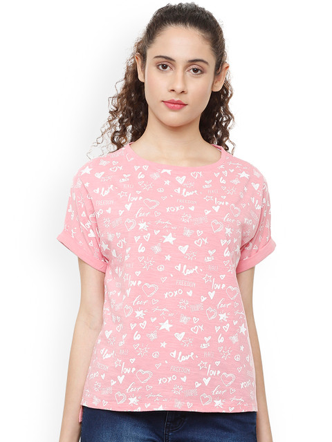

People Women Pink Printed Round Neck T-shirt
