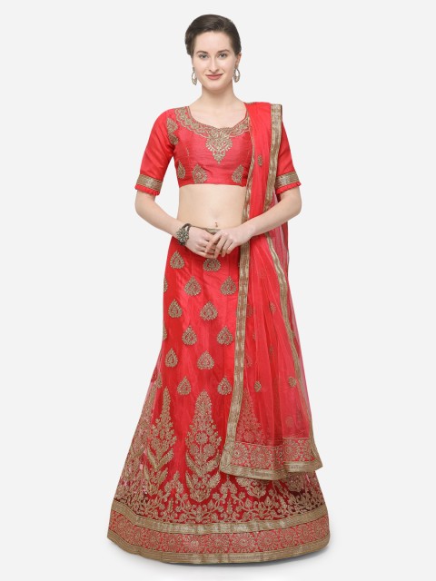 

V SALES Red Embroidered Semi-Stitched Lehenga & Unstitched Blouse with Dupatta