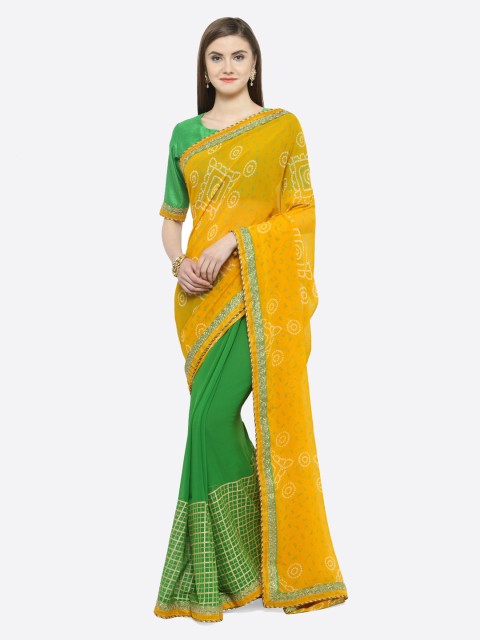

Shaily Yellow & Green Pure Georgette Printed Saree
