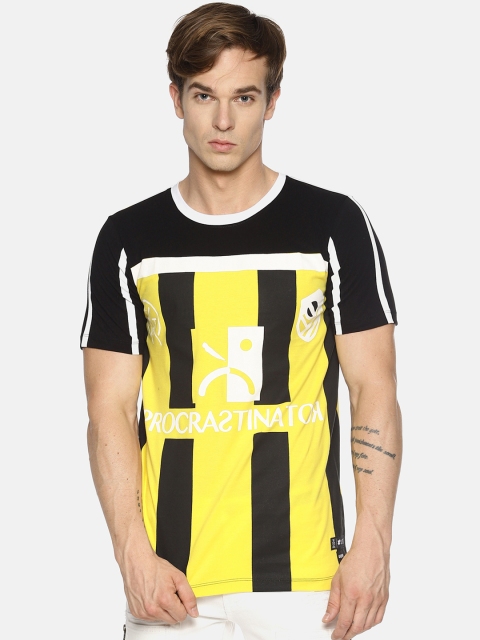 

KULTPRIT Men Black & Yellow Striped Round Neck T-shirt
