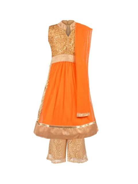 

Aarika Girls Orange & Beige Self Design Kurta with Palazzos & Dupatta