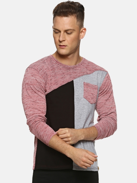 

Campus Sutra Men Pink & Grey Colourblocked Round Neck T-shirt