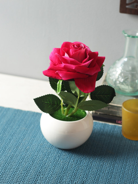 

Fourwalls Pink & Green Artificial Velvet Rose in a Ceramic Vase
