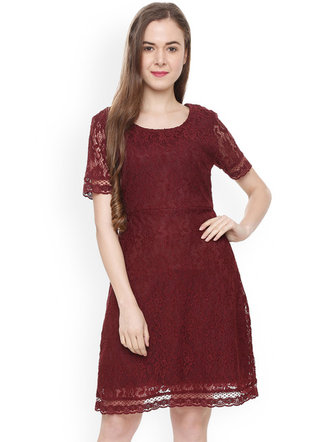 

People Women Maroon Self Design Fit and Flare Dress
