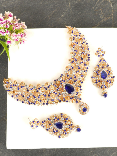 

Crunchy Fashion Women Gold-Plated & Blue Stone-Studded Jewellery Set