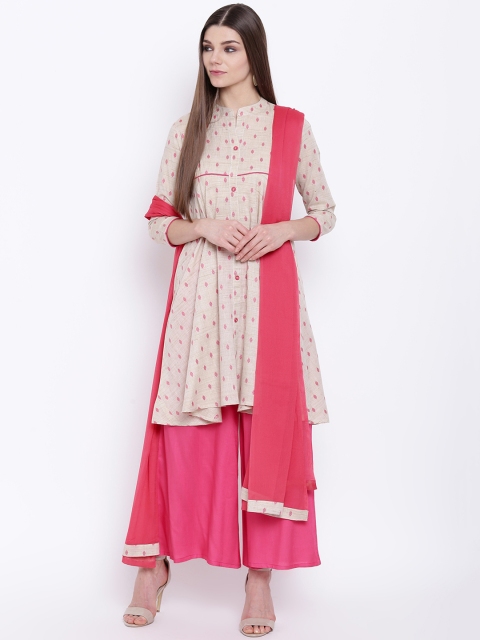 

Khushal K Women Off-White & Pink Self Design Kurta with Palazzos & Dupatta