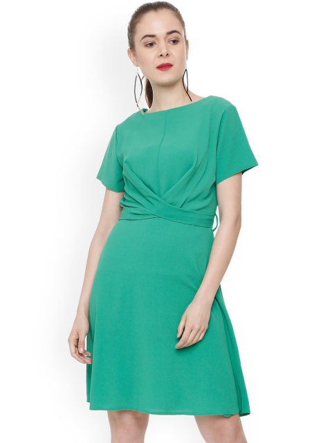 

People Women Green Solid Fit and Flare Dress