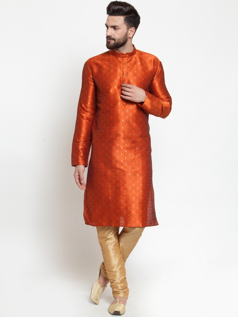 

Jompers Men Orange & Gold-Coloured Self Design Kurta with Churidar
