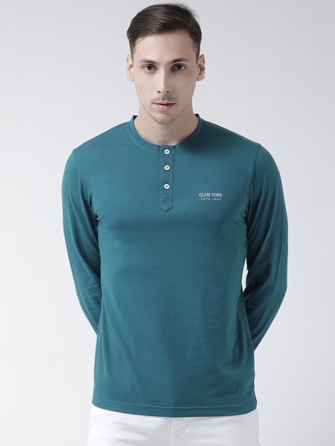 

Club York Men Teal Blue Solid Henley Neck T-shirt