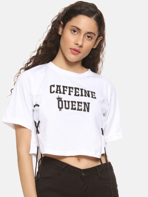 Campus Sutra Women White & Black Printed Pure Cotton Top
