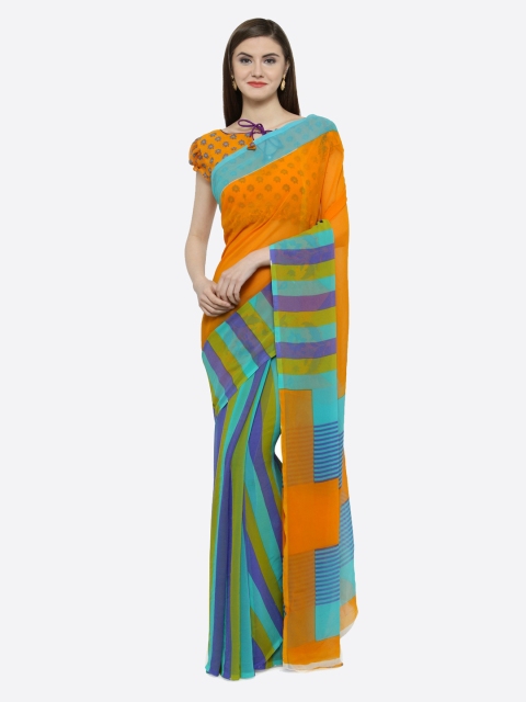 

Shaily Orange & Teal Pure Georgette Striped Saree