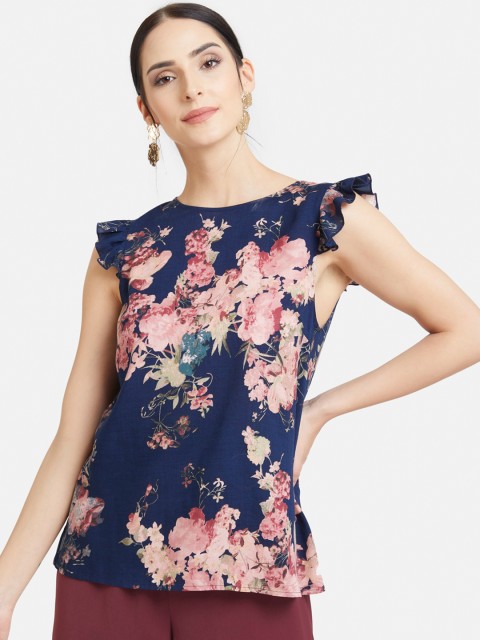 

Kazo Women Navy Blue & Pink Printed Top