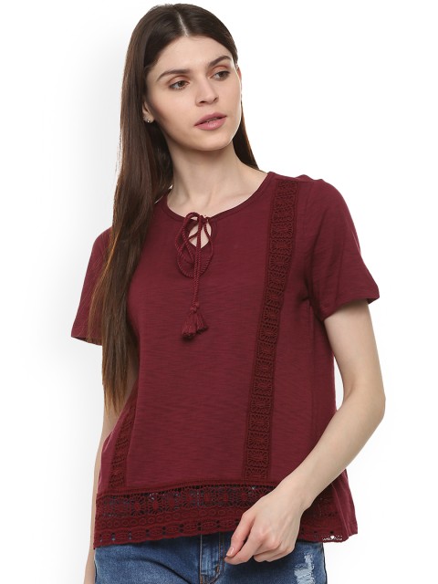 

People Women Maroon Self Design Pure Cotton Top