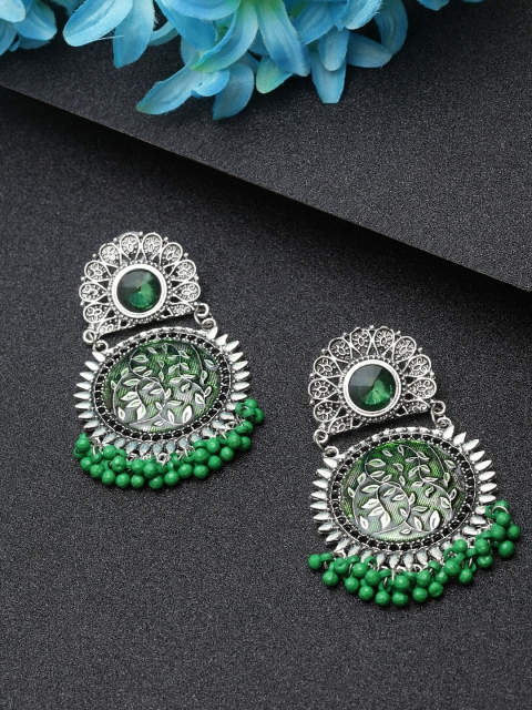 

Moedbuille Silver-Plated & Green Handcrafted Circular Drop Earrings